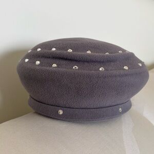 Women’s Light Gray Wool “Sophia” Beret with Rhinestone Accents